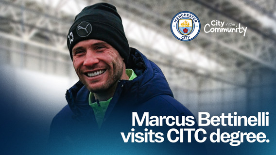 Image showing a person with a blurred face wearing a beanie and jacket. Manchester City and City in the Community logos are visible, with text: 'Marcus Bettinelli visits CITC degree.'