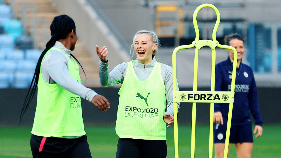 HAPPY BUNNY : Chloe Kelly and Khadija Shaw have struck up a great friendship