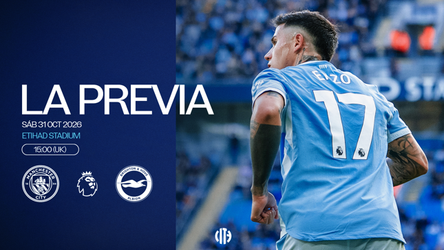 Graphic previewing a football match between Manchester City and Brighton & Hove Albion on October 31, 2026, at Etihad Stadium.