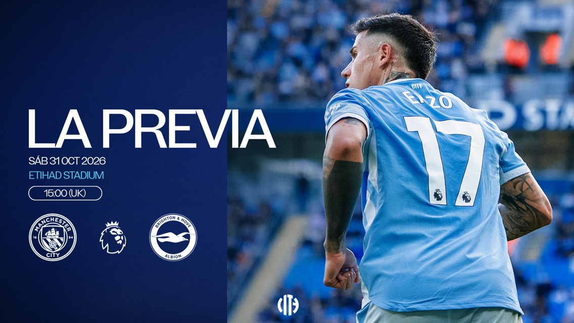 Graphic previewing a football match between Manchester City and Brighton & Hove Albion on October 31, 2026, at Etihad Stadium.