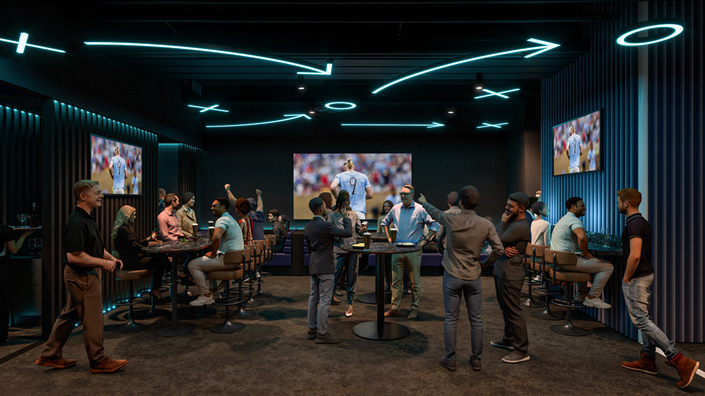 A sports bar with people watching a soccer game on multiple screens. The ceiling features glowing formations resembling tactical diagrams.