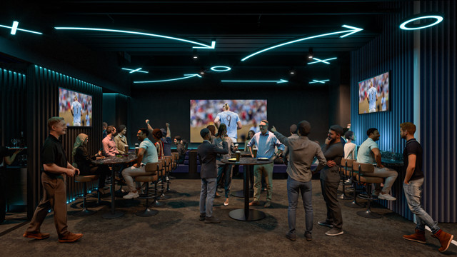 A sports bar with people watching a soccer game on multiple screens. The ceiling features glowing formations resembling tactical diagrams.