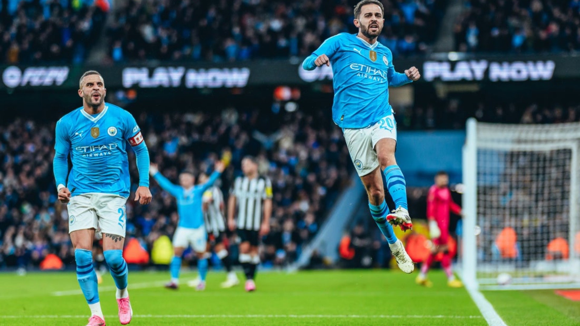 JUMPING FOR JOY: Bernardo celebrates after netting City's opener.
