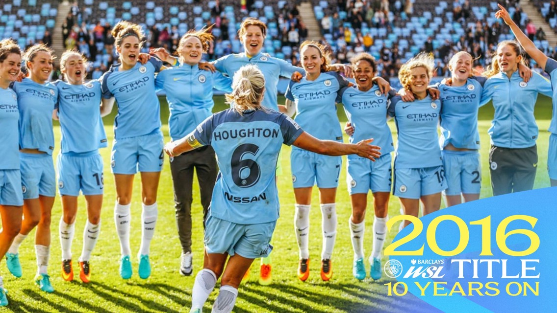 Manchester City Women's team celebrating their 2016 Barclays WSL title. Player with jersey number 6 leading the celebration.
