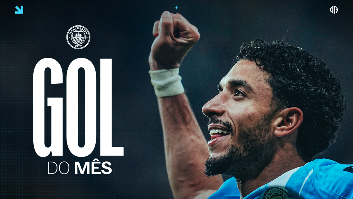 A Manchester City graphic featuring 'Gol do Mês' with a blurred player celebrating and a Manchester City logo.