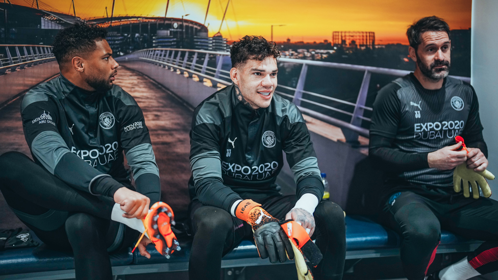 LIMBERING UP : Zack Steffen, Ederson and Scott Carson get ready for the session