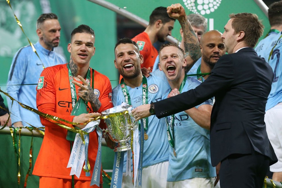 WEMBER-GLEE: Ederson and City celebrate another Carabao Cup triumph after our 2019 final victory