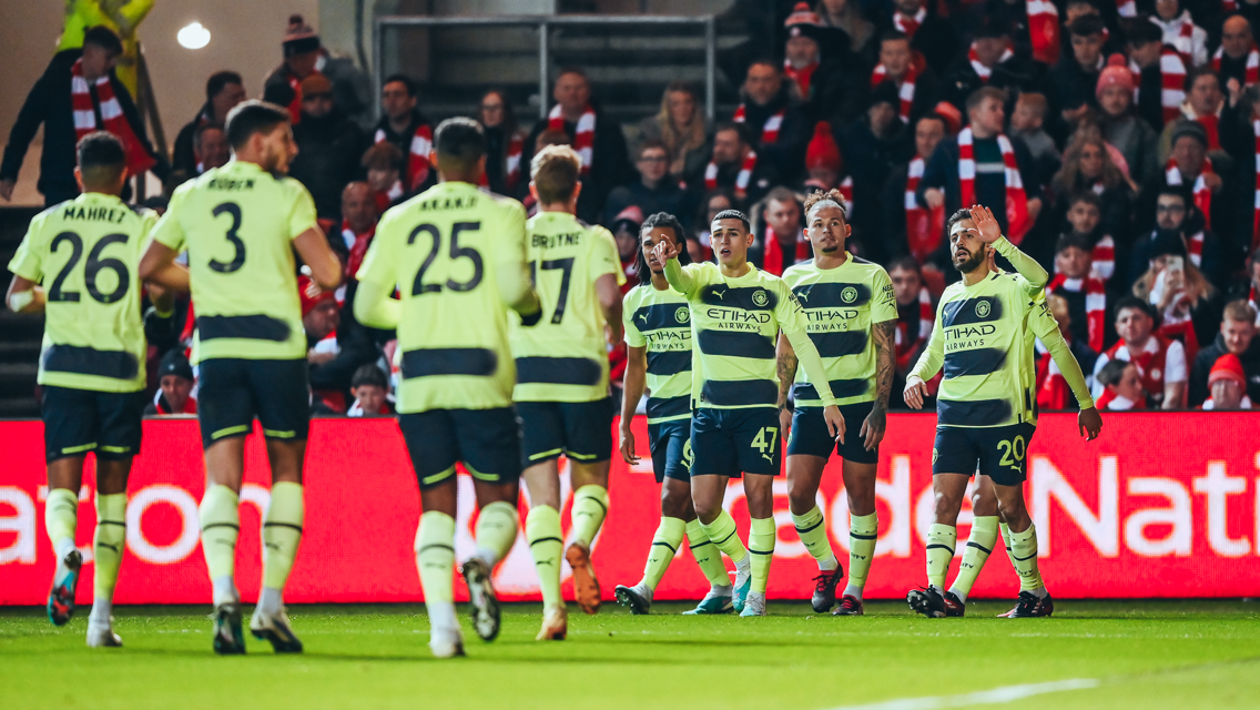 MAGIC MAHREZ: Foden points to Mahrez after his perfect assist.