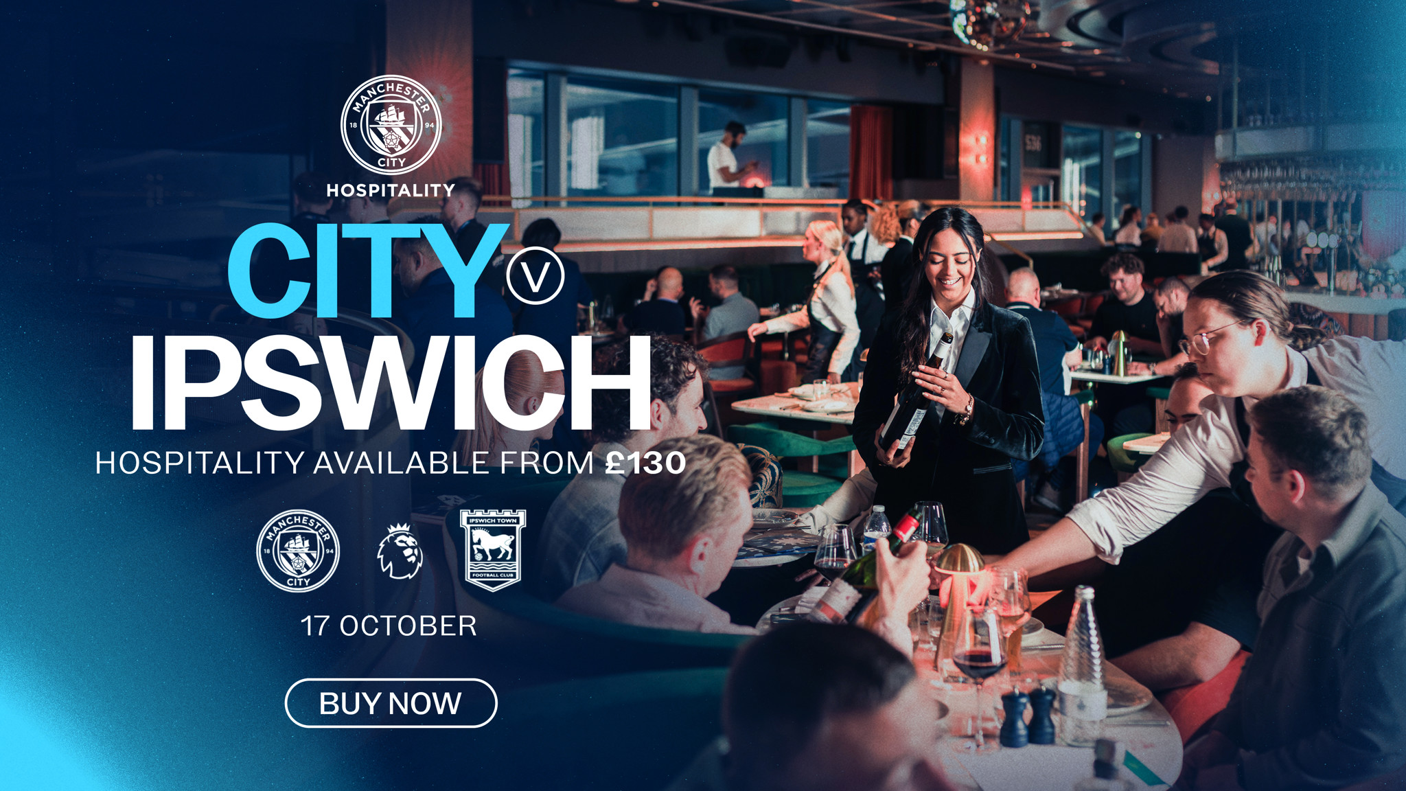 Manchester City vs Ipswich Town hospitality promotion on 17 October, with packages starting from £130.