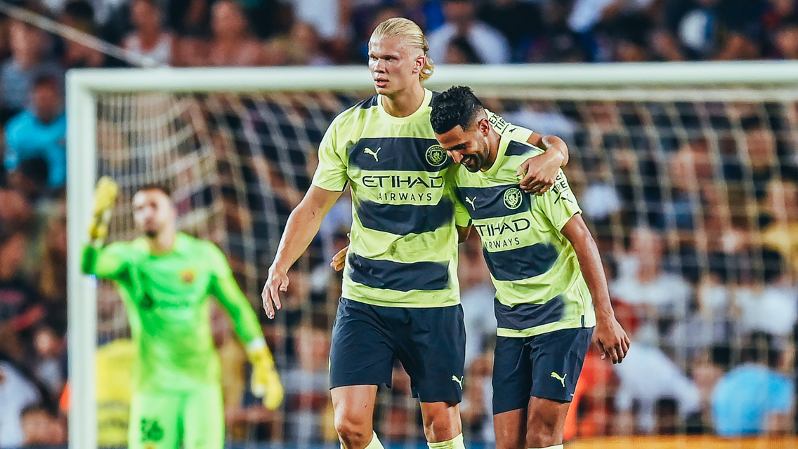 MAHRVELLOUS: Riyad and Erling celebrate the late goal to make it 3-3 from the penalty spot.