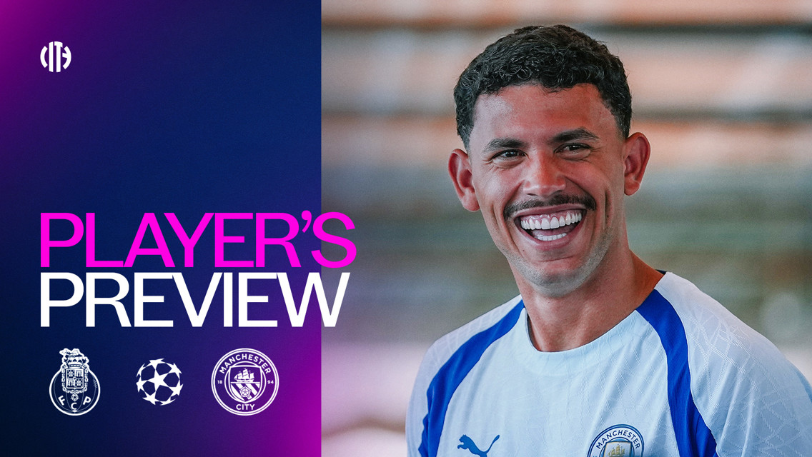 Player's Preview graphic featuring a Manchester City player with club logos of FC Porto and Manchester City, along with a UEFA Champions League emblem.