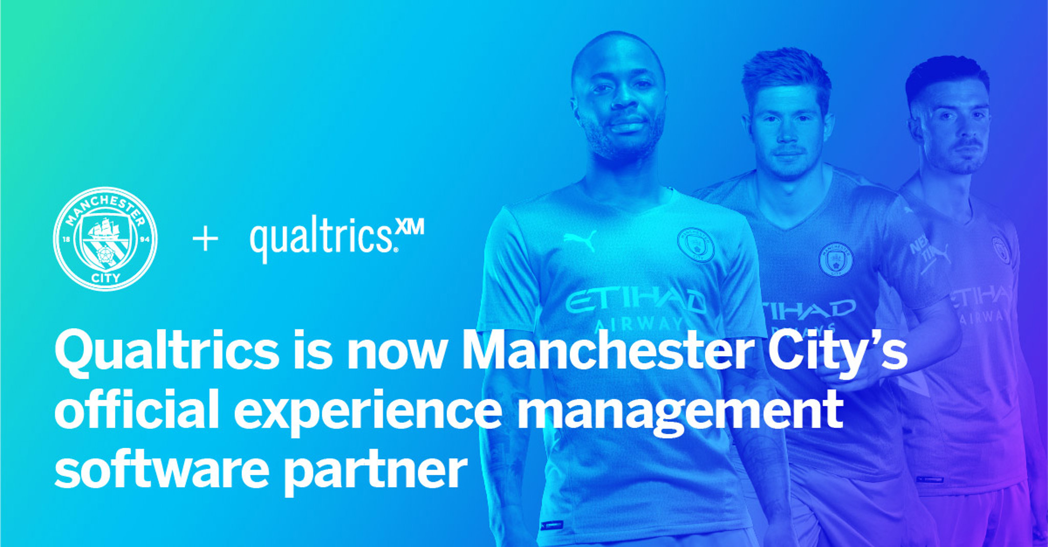 Promotional image announcing that Qualtrics is now Manchester City's official experience management software partner. It features Manchester City's logo alongside the Qualtrics logo and includes players in Manchester City jerseys with blurred faces.