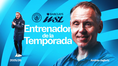 Graphic announcing the 'Head Coach of the Season' in the Barclays WSL for Manchester City. Includes Manchester City logo and Barclays WSL logo, with text 'Entrenador de la Temporada'. Year marked as 2025/26.