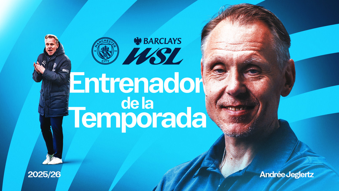 Graphic announcing the 'Head Coach of the Season' in the Barclays WSL for Manchester City. Includes Manchester City logo and Barclays WSL logo, with text 'Entrenador de la Temporada'. Year marked as 2025/26.