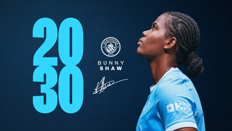 Manchester City Women's player signing announcement with a blurred face. The text includes '2030' and 'BUNNY SHAW' alongside the Manchester City logo.