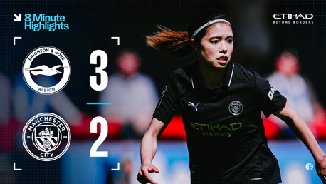 Graphic showing the match result: Brighton & Hove Albion 3 - Manchester City 2, with blurred player images in the background.