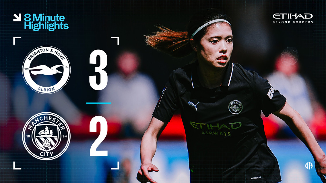 Graphic showing the match result: Brighton & Hove Albion 3 - Manchester City 2, with blurred player images in the background.