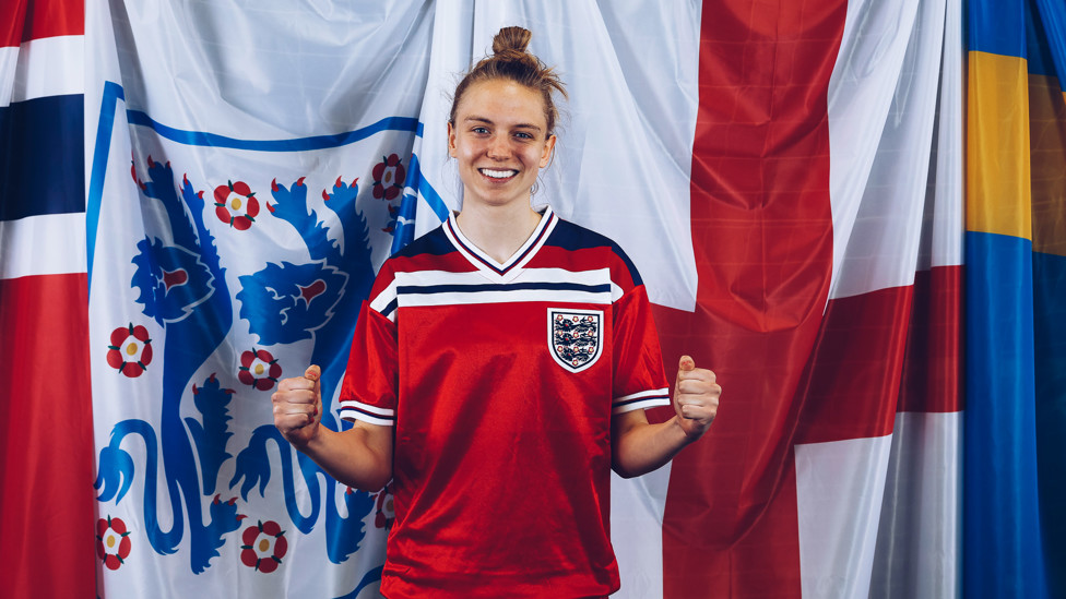 PASSION PLAY: Esme Morgan rolls back the years by sporting England's away shirt from 1982!
