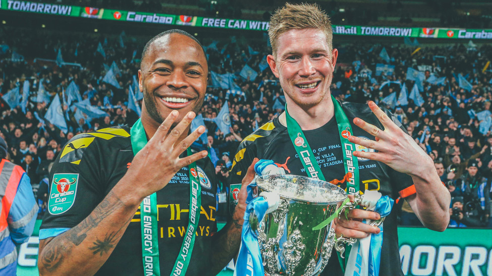 UP FOR THE CUP : In high spirits after a beating Aston Villa in the 2020 Carabao Cup final