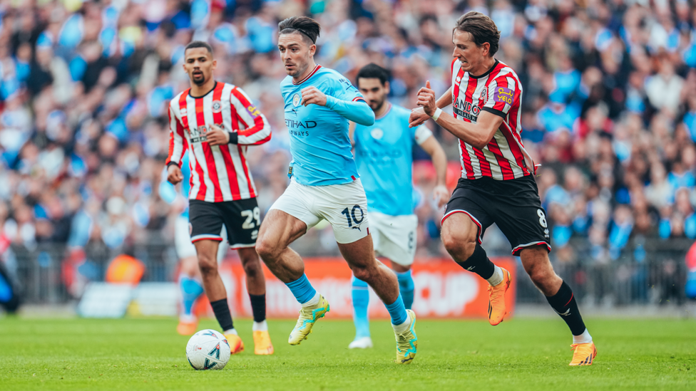SPEEDY JACK: : Jack Grealish tests Sheffield United's defending as he bursts forward with the ball.