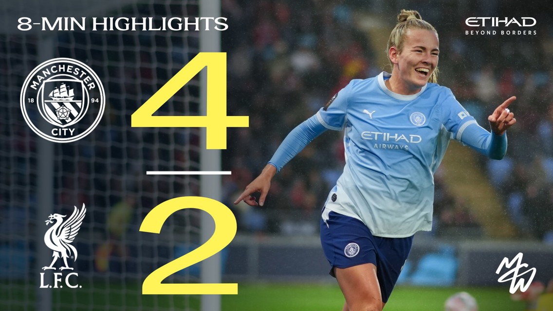 Manchester City Women's team wins 4-2 against Liverpool in a match. The image features a player celebrating. The team logos and score are displayed prominently.