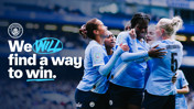 Manchester City Women's team players celebrating on the field. The text reads 'We WILL find a way to win.' Alex Greenwood is visible.