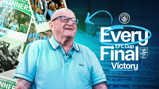 A person in front of EFL Cup final victory graphics for Manchester City, featuring past winning moments.