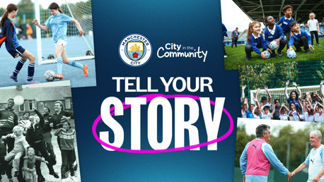 Graphic promoting Manchester City's 'Tell Your Story' event with various images of community activities.