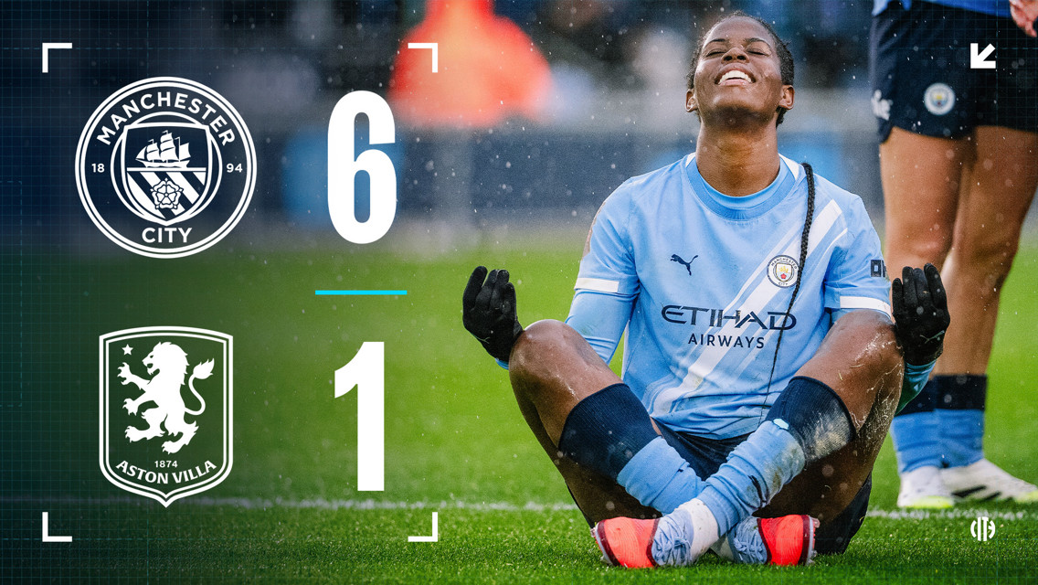 Manchester City scores a dominant victory over Aston Villa with a 6-1 win, featuring Manchester City logo and blurred player in celebration pose.