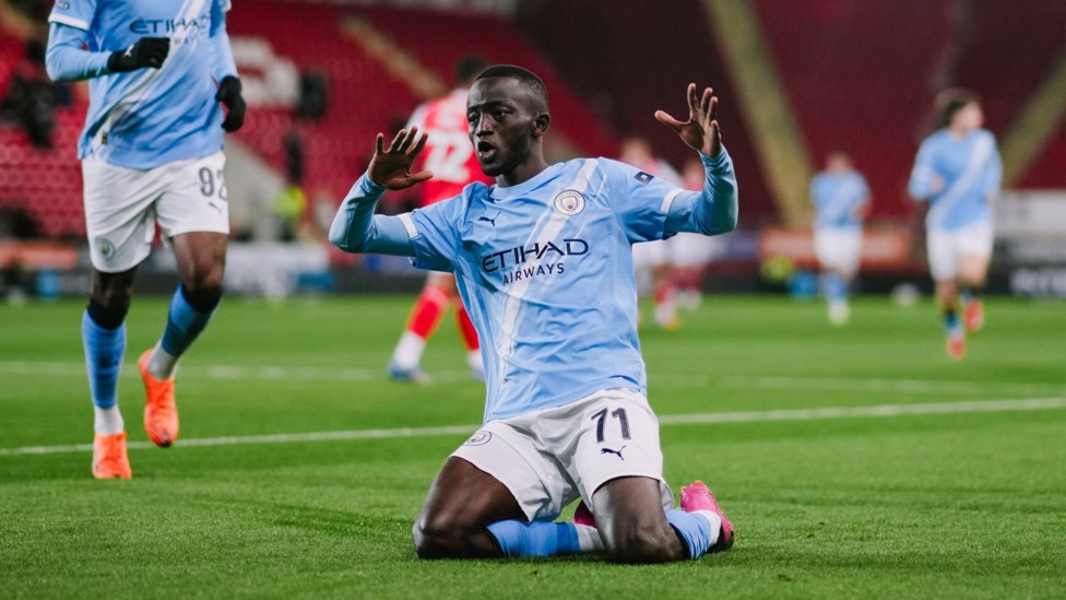 A NEW BLUE : Mamad Sangare enjoying life at City, celebrating his EFL Trophy goal at Rotherham. 