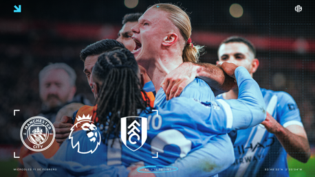 Promotional graphic for Manchester City vs Fulham featuring Manchester City and Premier League logos with date and time details.