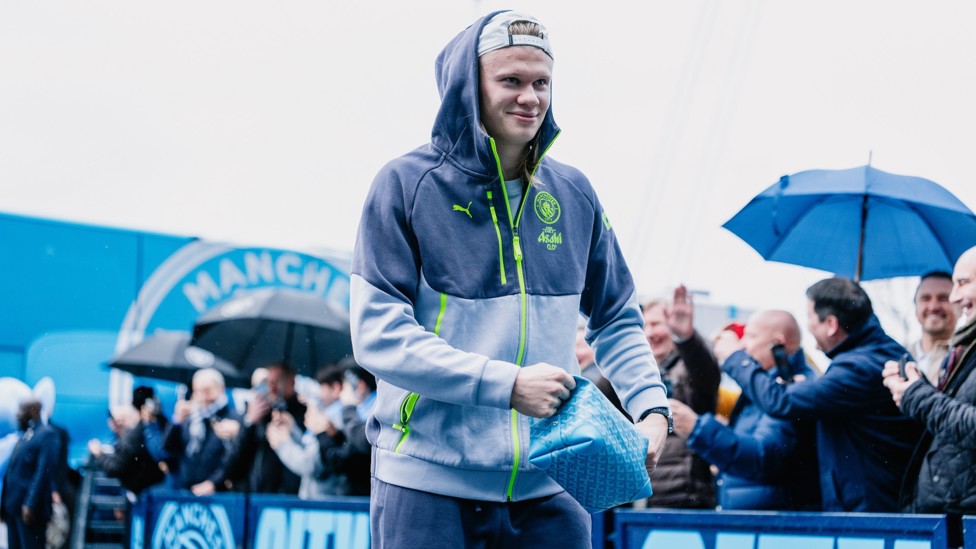 HAPPY HAALAND : Erling in good spirits when arriving at the stadium.