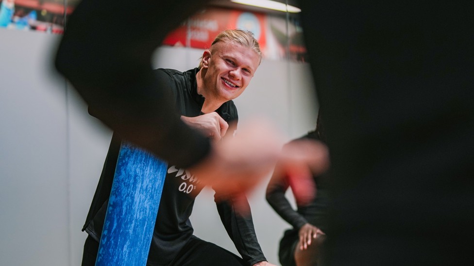 IN THE GAP : Erling Haaland is happy after his double