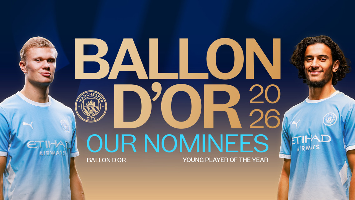 Image featuring two Manchester City players nominated for Ballon d'Or 2026 awards: one for Ballon d'Or and the other for Young Player of the Year, with Manchester City logo.
