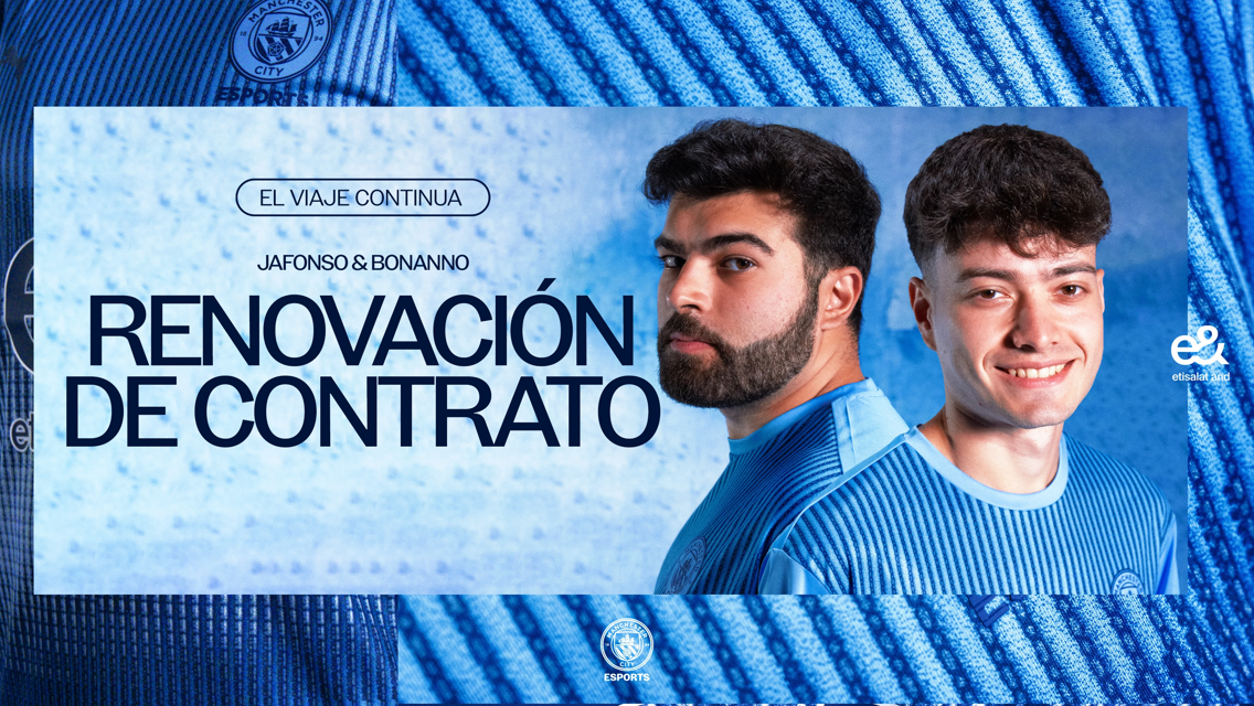 Image announces contract renewal for Jafonso & Bonanno with Manchester City Esports featuring two individuals in Manchester City jerseys.