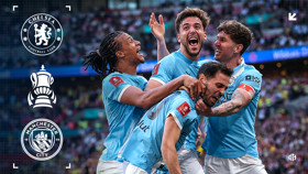 Man City players celebrating a goal with team logos and FA Cup icon, indicating a match against Chelsea.