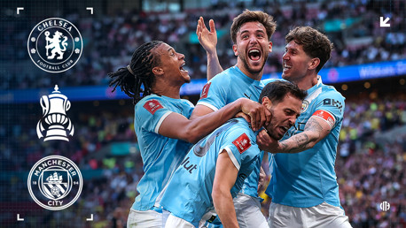 Man City players celebrating a goal with team logos and FA Cup icon, indicating a match against Chelsea.
