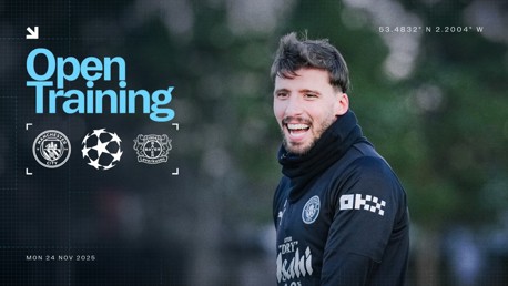 Manchester City open training event on 24th November 2025 featuring Manchester City and Bayer Leverkusen logos with UEFA Champions League symbol and coordinates 53.4832° N 2.2004° W.