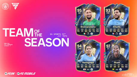 Team of the Season card display with gradient background featuring players Donnarumma, Cherki, Hasegawa, and Shaw with corresponding ratings and stats.