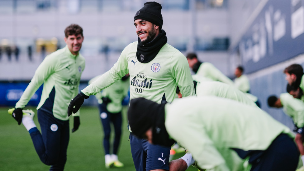 LIMBERING UP : Omar Marmoush and the squad do some vital stretches at the start of training.