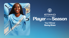 Manchester City Player of the Season announcement featuring a blurred player image on a blue background with Etihad Airways and Manchester City logos, alongside Bunny Shaw's name.