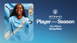 Manchester City Player of the Season announcement featuring a blurred player image on a blue background with Etihad Airways and Manchester City logos, alongside Bunny Shaw's name.
