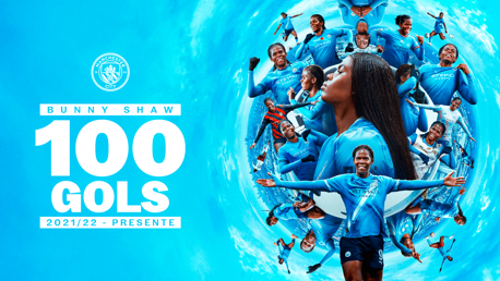Celebratory graphic for Bunny Shaw scoring 100 goals for Manchester City since 2021 with Manchester City logo and various action poses of Bunny Shaw.