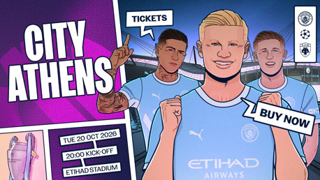 Promotional image for Manchester City match against Athens on October 20, 2026 at Etihad Stadium. Includes characters wearing Manchester City jerseys, stadium backdrop, and details about tickets and kick-off time.
