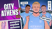 Promotional image for Manchester City match against Athens on October 20, 2026 at Etihad Stadium. Includes characters wearing Manchester City jerseys, stadium backdrop, and details about tickets and kick-off time.