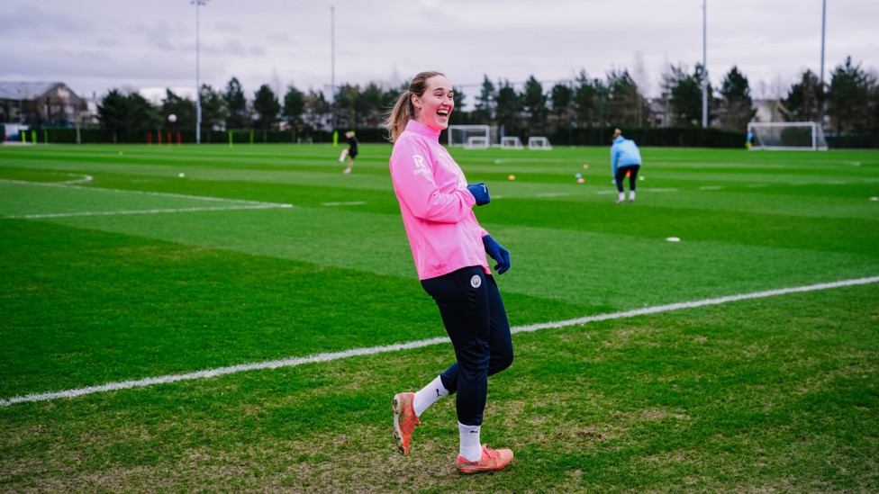 STEPPING OUT : Sydney Lohmann joking as she goes on to the pitch