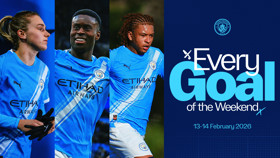 Manchester City graphic featuring three blurred soccer players in the team's uniform promoting 'Every Goal of the Weekend' on 13-14 February 2026.