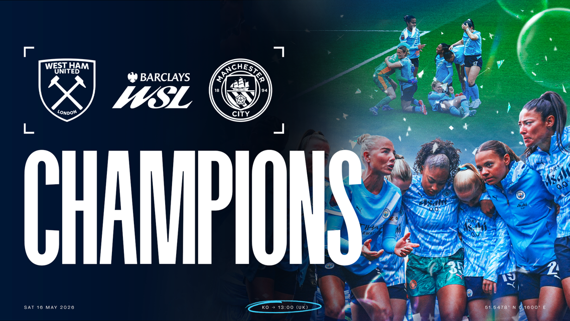 Promotional graphic for a women's football match between West Ham United and Manchester City with 'CHAMPIONS' text and team logos.