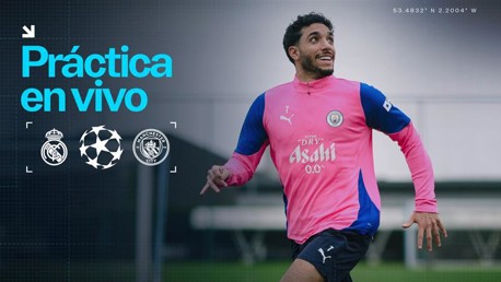 A football player in a pink and blue kit from Manchester City is captured in motion for a live practice session featuring Manchester City and Real Madrid logos, with UEFA Champions League symbol.