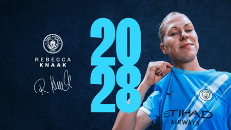 Rebecca Knaak signs with Manchester City, with a contract lasting until 2028. The image shows a jersey featuring the Manchester City logo with her name and contract year, 2028.